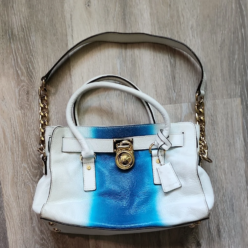 MICHAEL KORS HAMILTON SPRAY WHITE/ SUMMER BLUE EW SATCHEL  LEATHER HANDBAG PURSE
